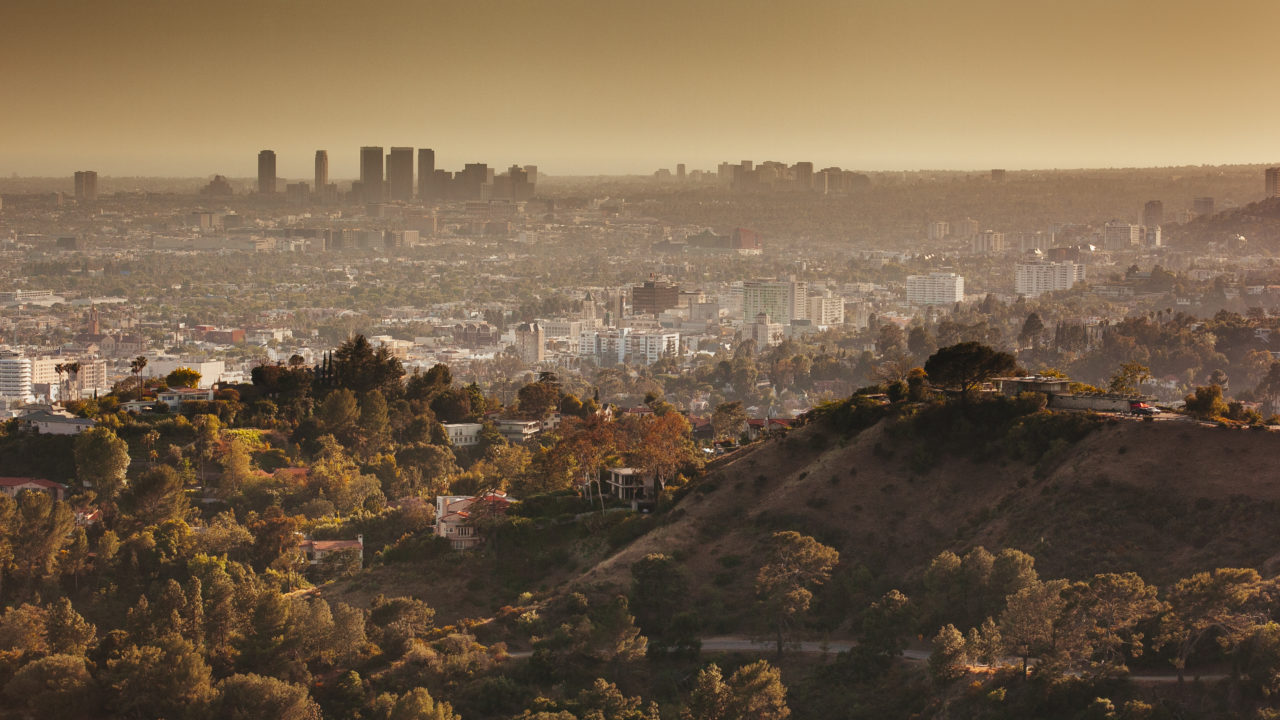 View of downtown Los Angeles city from Griffith Observatory during sunset, in Lalaland Hollywood