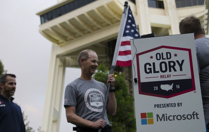 Frank Shaw near the Old Glory Relay sign.