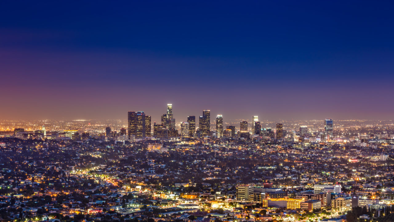 Los Angeles skyline, California, USA by night.