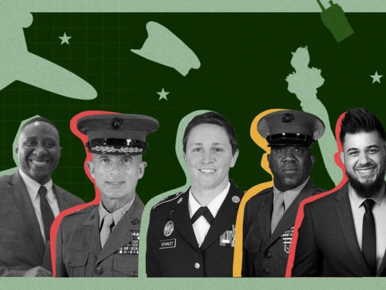 Five U.S. military service members in their military uniform or civilian suits smiling at the viewer