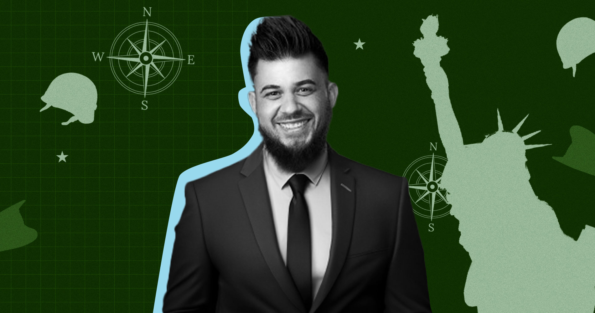 US Marine veteran Frankie Beauchamp in a suit looks at the camera