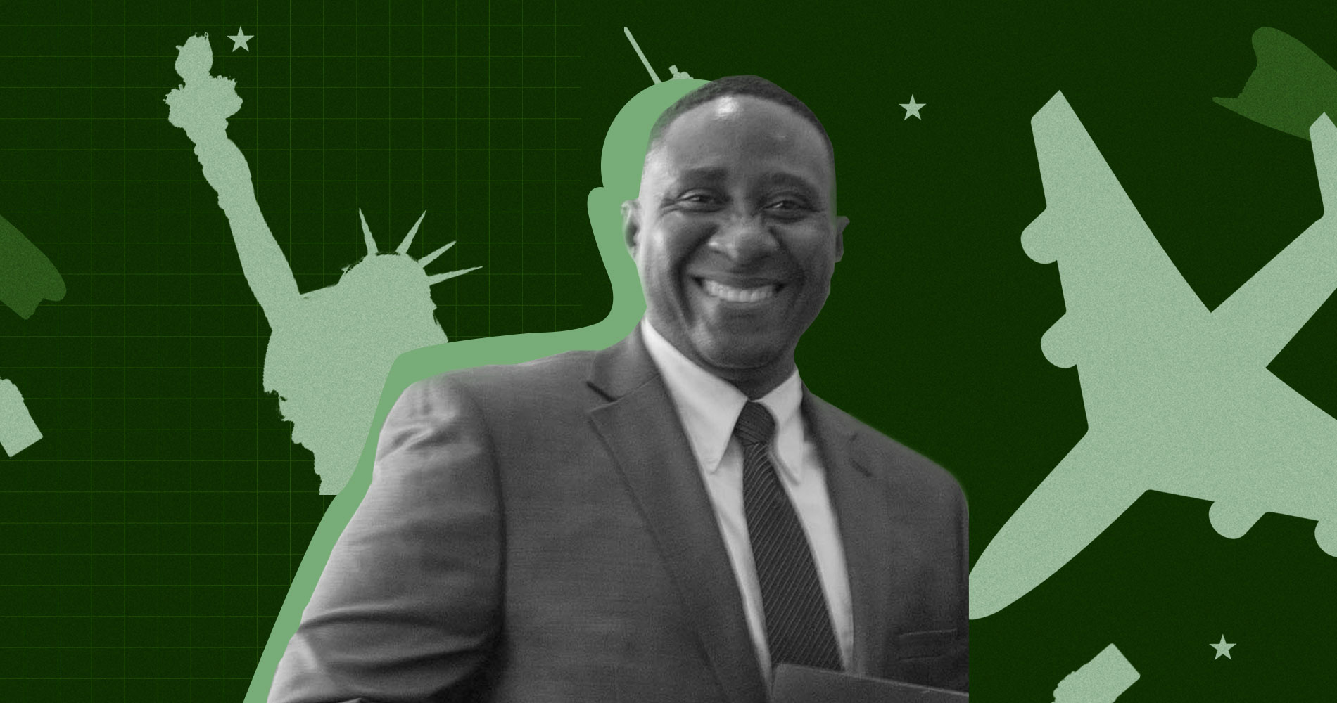 Hyppolitte smiles at the camera in a suit